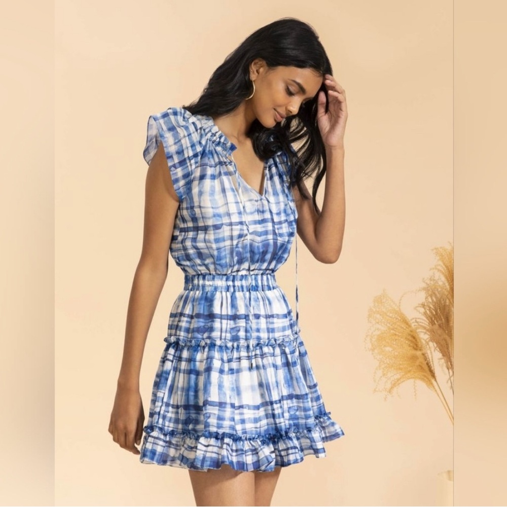 Shoshanna Blue and White Plaid Mini Dress with flutter sleeve.